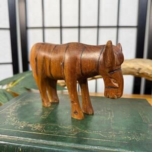 Vintage Hand Carved Zebra Figurine Wooden Folk Art African Wildlife